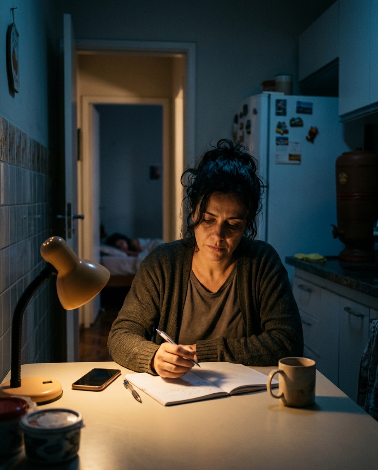 Mãe estudando na cozinha às dez da noite, com o filho dormindo no quarto ao lado