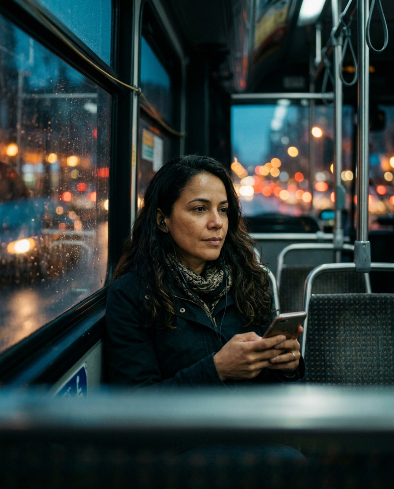 Mulher no ônibus, a caminho do trabalho, estudando pelo fone