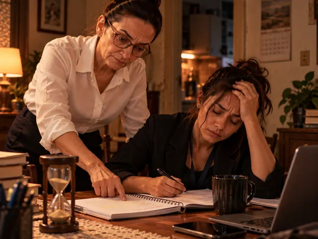 Mulher cansada à mesa depois do trabalho, tentando estudar