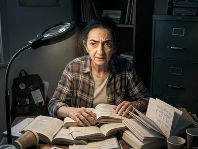 A velha com a mesa coberta de livros e uma lupa