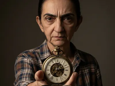 A velha mostrando um relógio de bolso